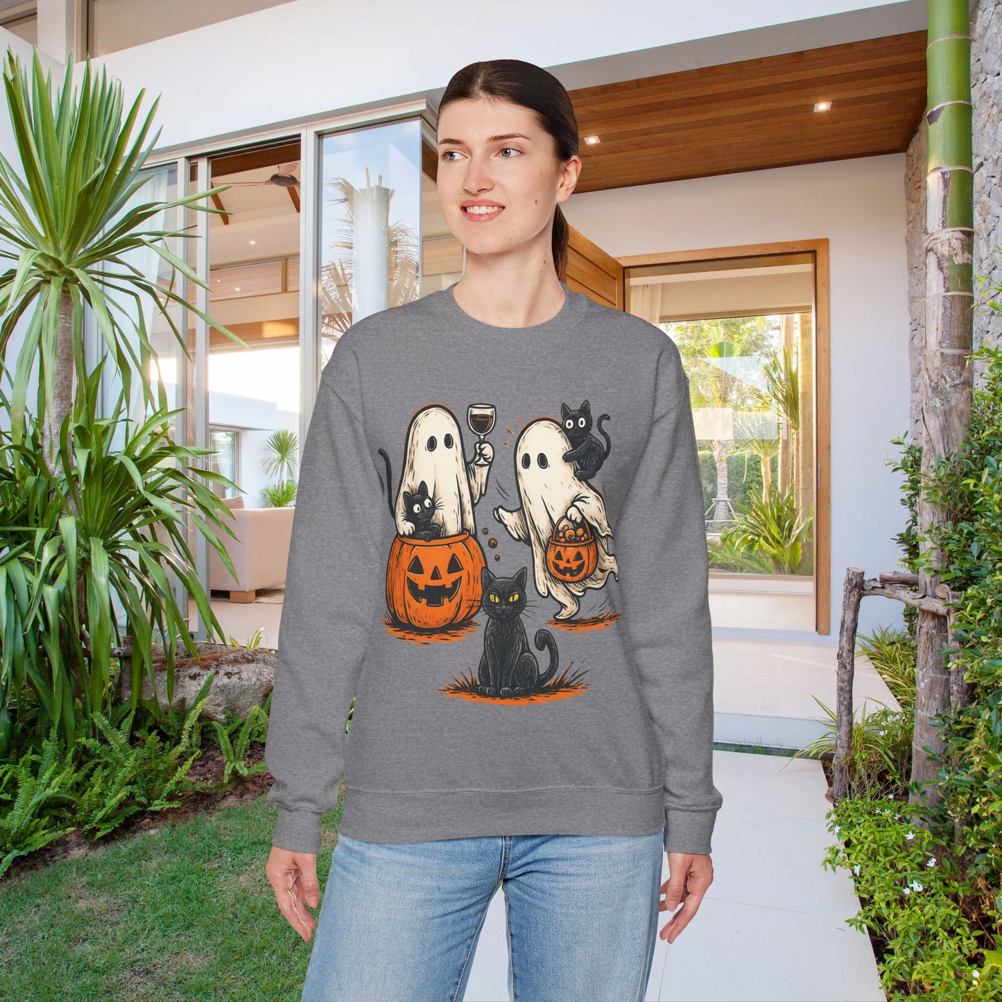 Halloween Ghosts & Cats Crewneck Sweatshirt, Cozy Halloween Sweatshirt, Spooky Season Apparel