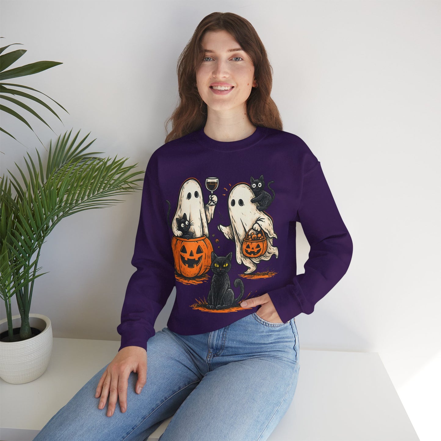 Halloween Ghosts & Cats Crewneck Sweatshirt, Cozy Halloween Sweatshirt, Spooky Season Apparel
