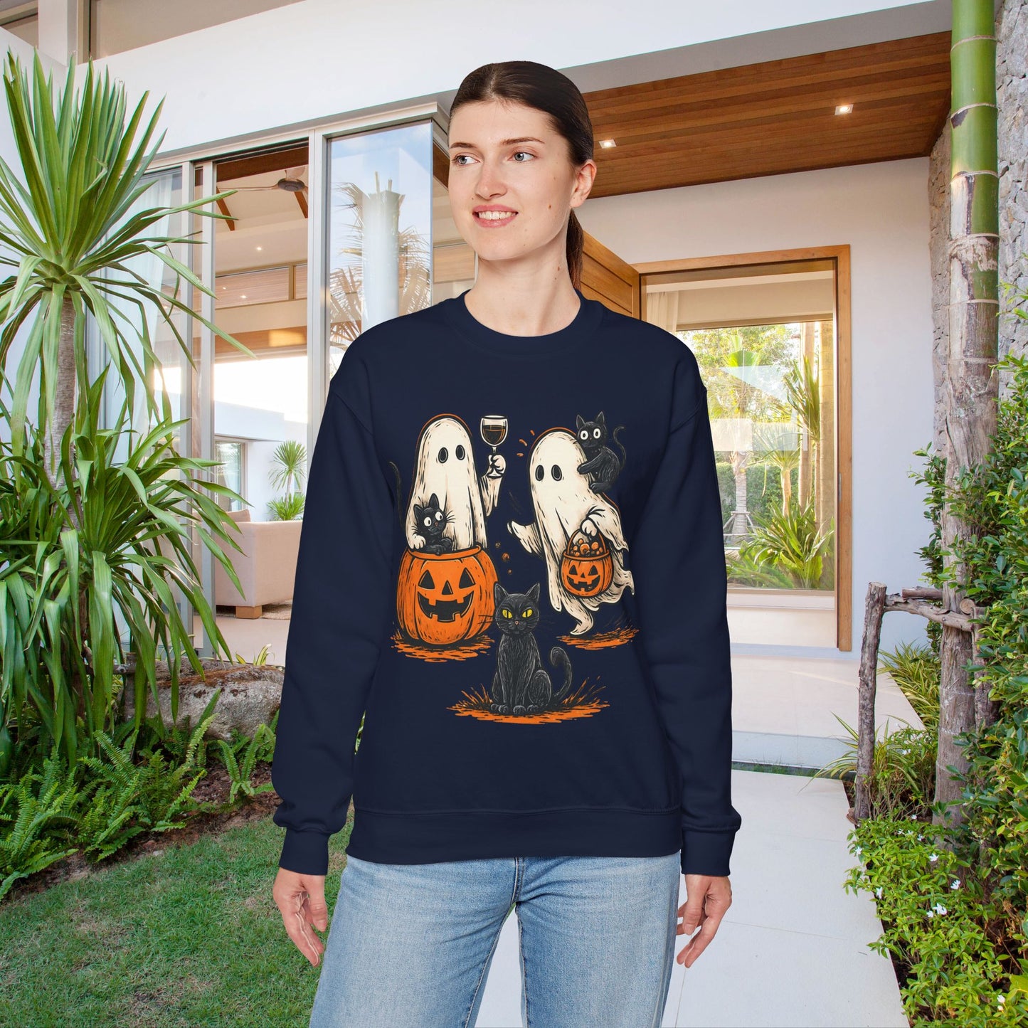 Halloween Ghosts & Cats Crewneck Sweatshirt, Cozy Halloween Sweatshirt, Spooky Season Apparel