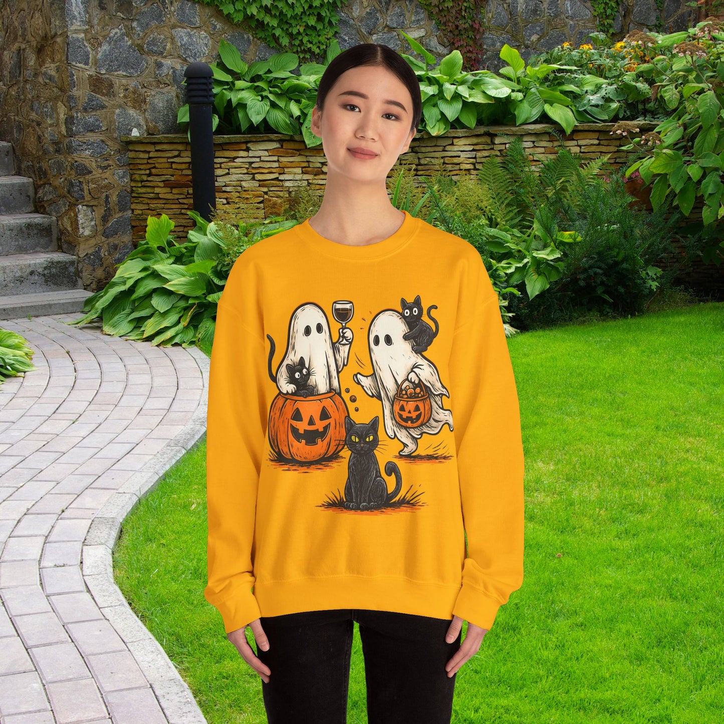 Halloween Ghosts & Cats Crewneck Sweatshirt, Cozy Halloween Sweatshirt, Spooky Season Apparel