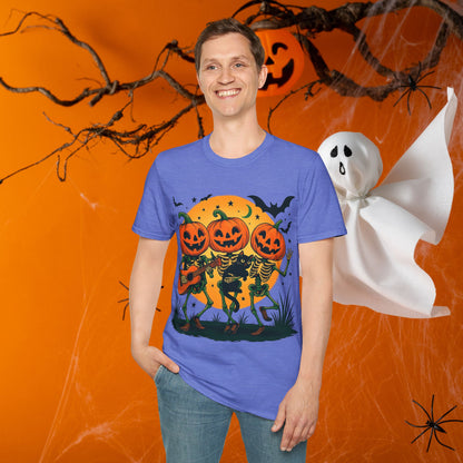 Dancing Skeletons Pumpkin Halloween T‑Shirt Unisex | Fun Spooky Fall Tee | Trick‑or‑Treat Party Top