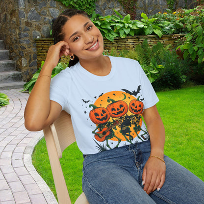 Dancing Skeletons Pumpkin Halloween T‑Shirt Unisex | Fun Spooky Fall Tee | Trick‑or‑Treat Party Top