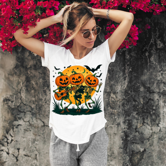 Dancing Skeletons Pumpkin Halloween T‑Shirt Unisex | Fun Spooky Fall Tee | Trick‑or‑Treat Party Top