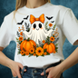 Cute Ghost Halloween T-Shirt – Pumpkin & Floral Graphic Tee for Women, Fall Aesthetic Spooky Season Shirt