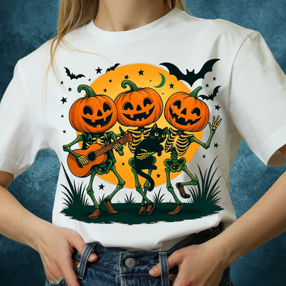 Dancing Skeletons Pumpkin Halloween T‑Shirt Unisex | Fun Spooky Fall Tee | Trick‑or‑Treat Party Top