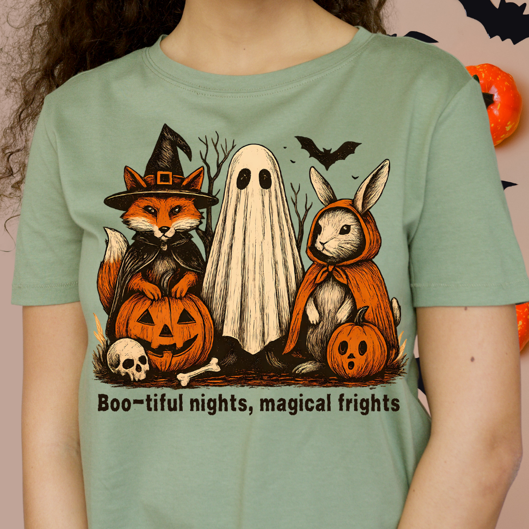 Halloween-Themed Unisex T-Shirt, Boo-tiful Nights Magical Frights Tee, Ghost & Pumpkin Shirt, Spooky Season Fashion