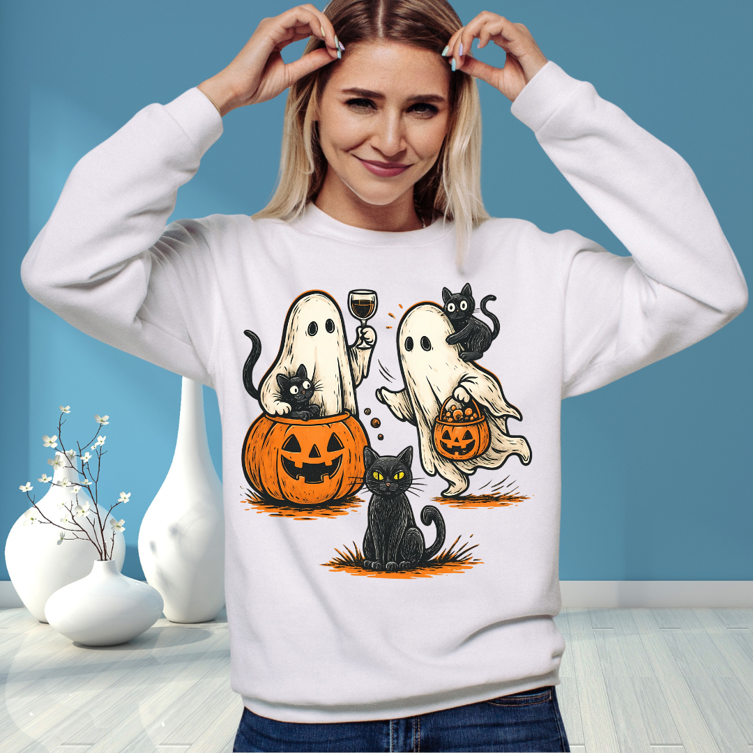 Halloween Ghosts & Cats Crewneck Sweatshirt, Cozy Halloween Sweatshirt, Spooky Season Apparel