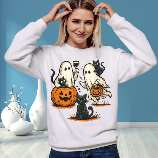 Halloween Ghosts & Cats Crewneck Sweatshirt, Cozy Halloween Sweatshirt, Spooky Season Apparel