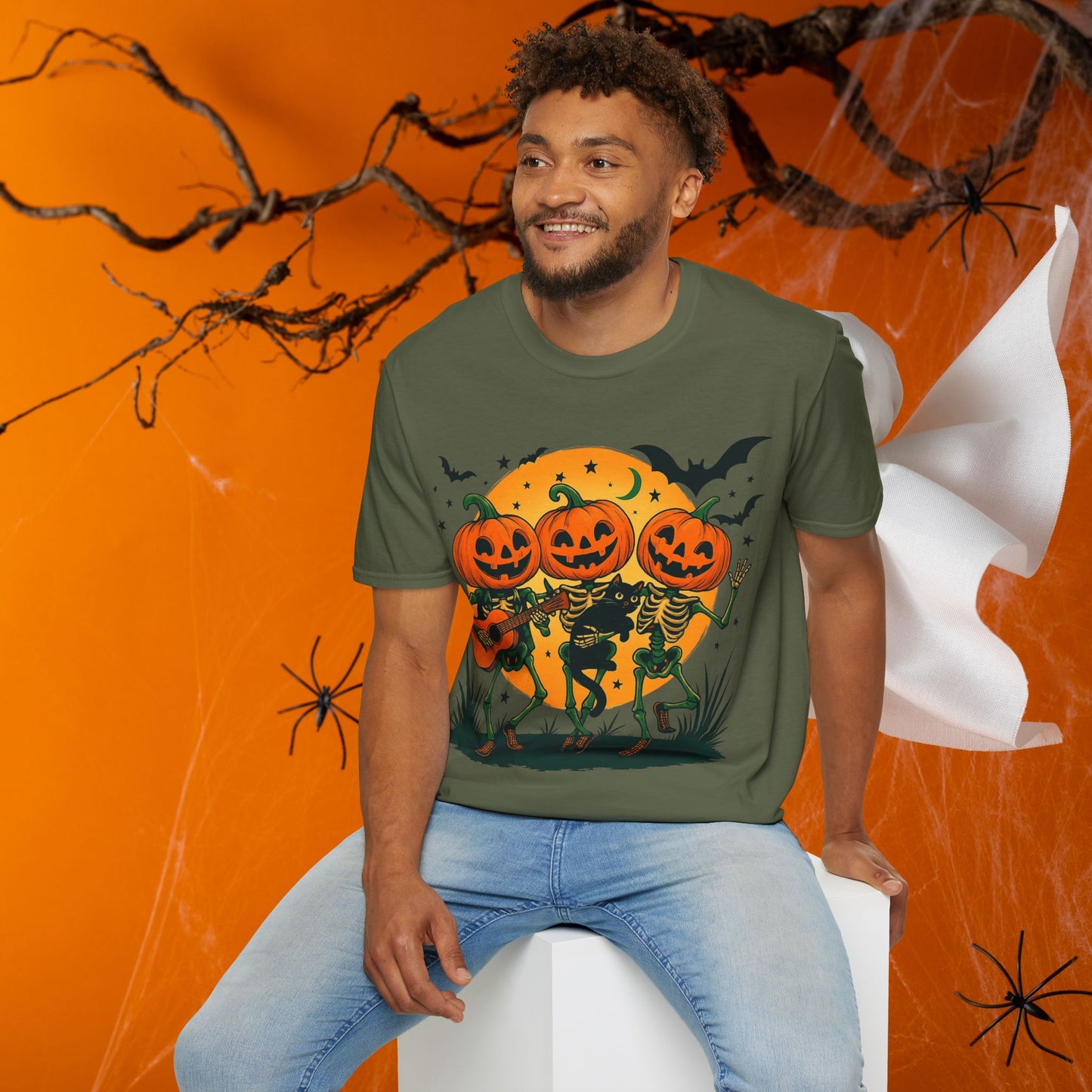 Dancing Skeletons Pumpkin Halloween T‑Shirt Unisex | Fun Spooky Fall Tee | Trick‑or‑Treat Party Top
