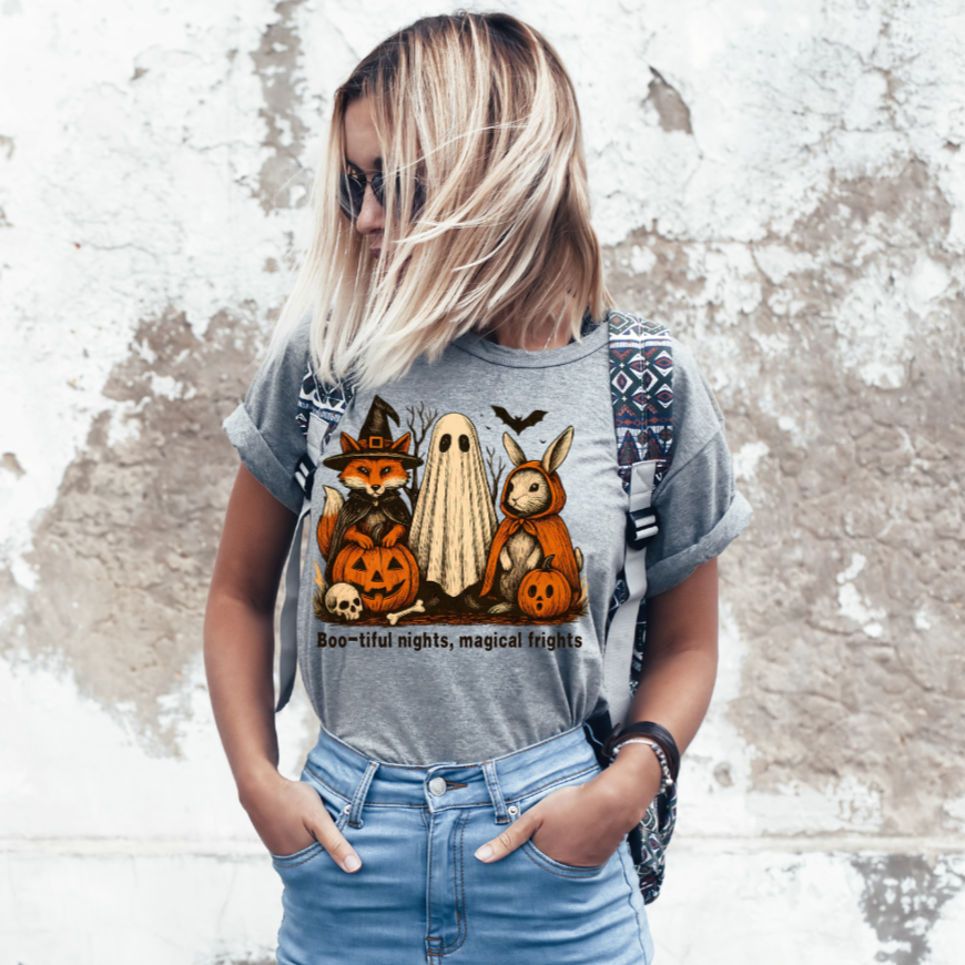 Halloween-Themed Unisex T-Shirt, Boo-tiful Nights Magical Frights Tee, Ghost & Pumpkin Shirt, Spooky Season Fashion