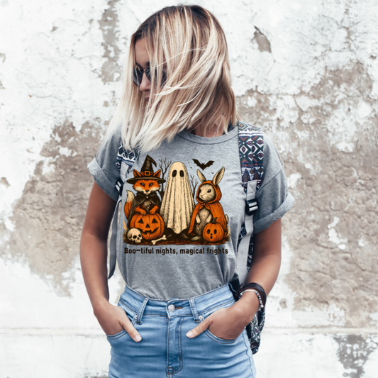 Halloween-Themed Unisex T-Shirt, Boo-tiful Nights Magical Frights Tee, Ghost & Pumpkin Shirt, Spooky Season Fashion