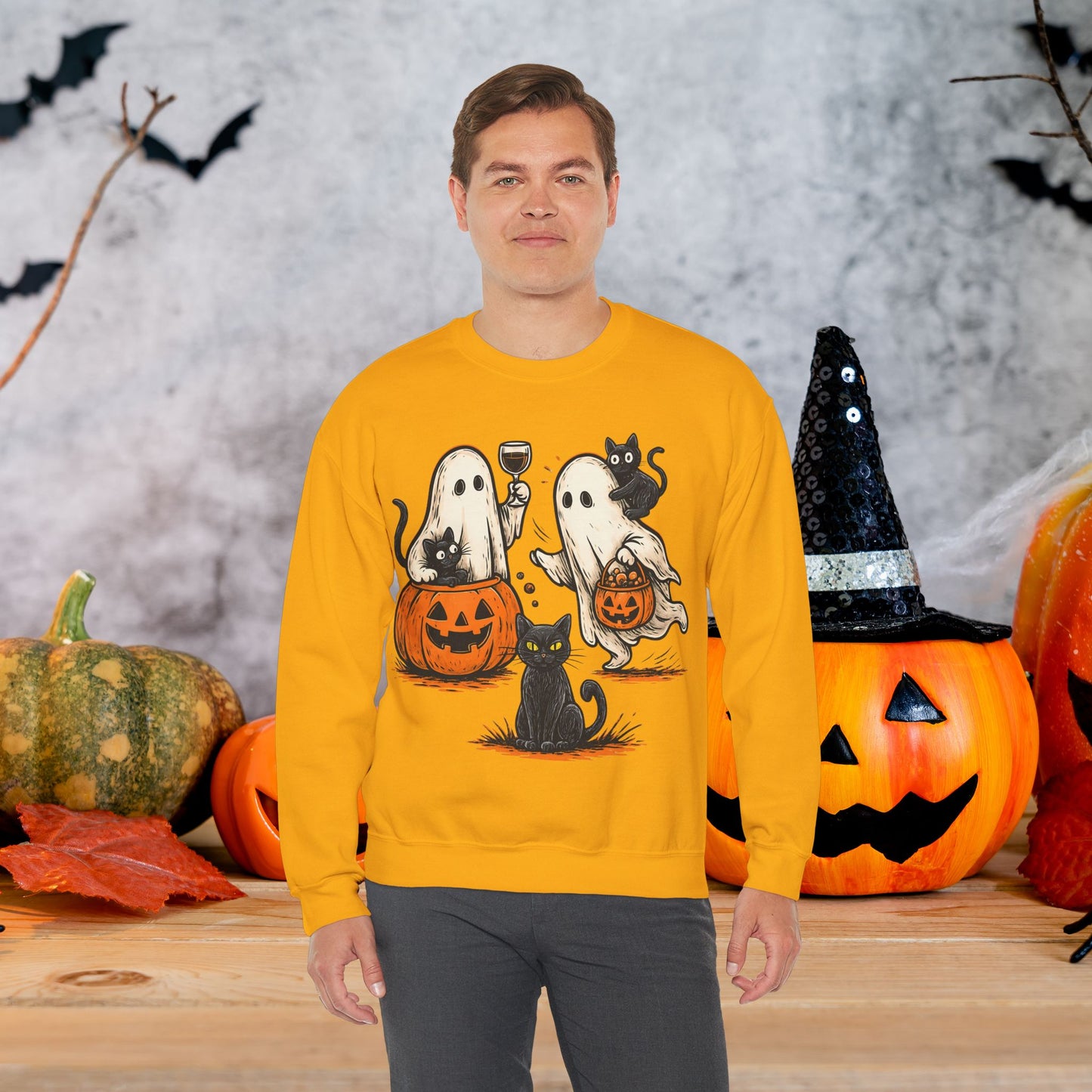 Halloween Ghosts & Cats Crewneck Sweatshirt, Cozy Halloween Sweatshirt, Spooky Season Apparel