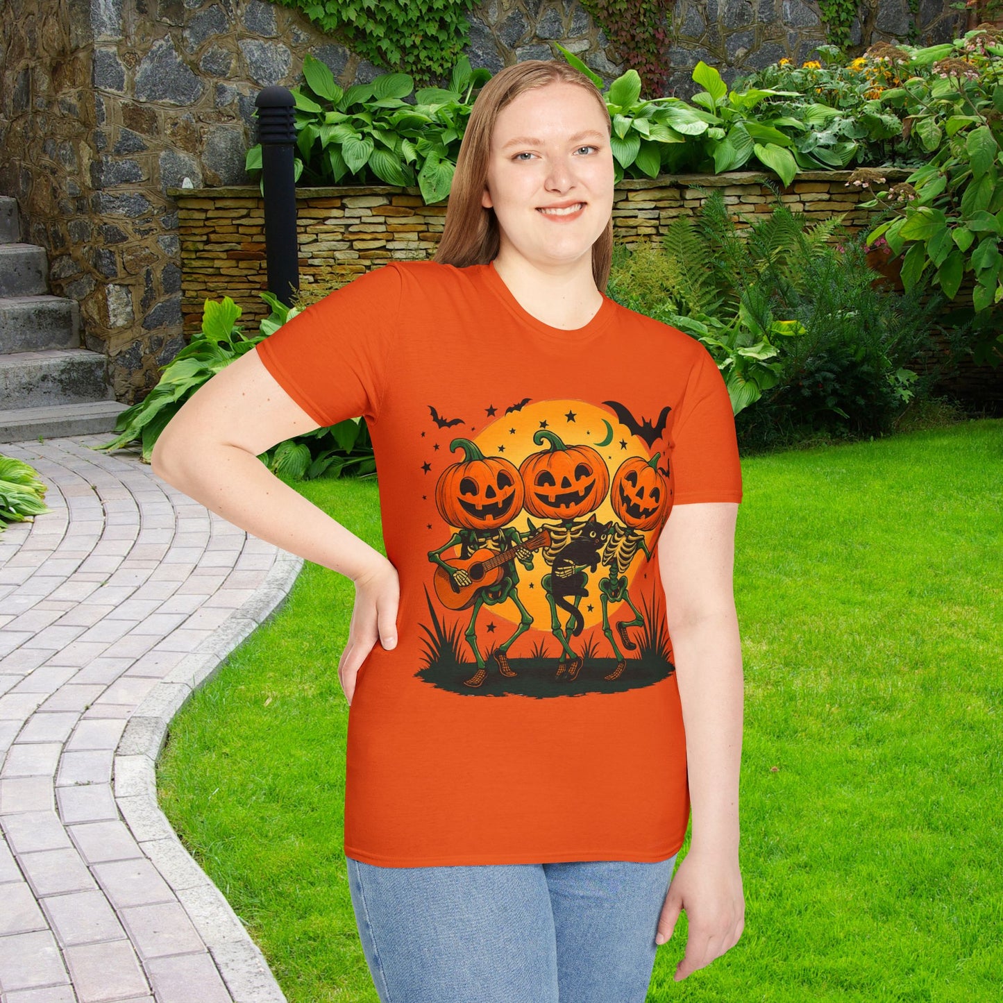 Dancing Skeletons Pumpkin Halloween T‑Shirt Unisex | Fun Spooky Fall Tee | Trick‑or‑Treat Party Top