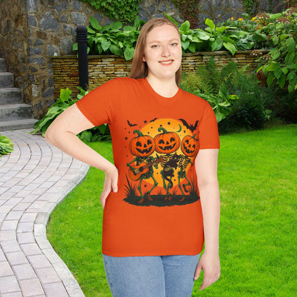 Dancing Skeletons Pumpkin Halloween T‑Shirt Unisex | Fun Spooky Fall Tee | Trick‑or‑Treat Party Top