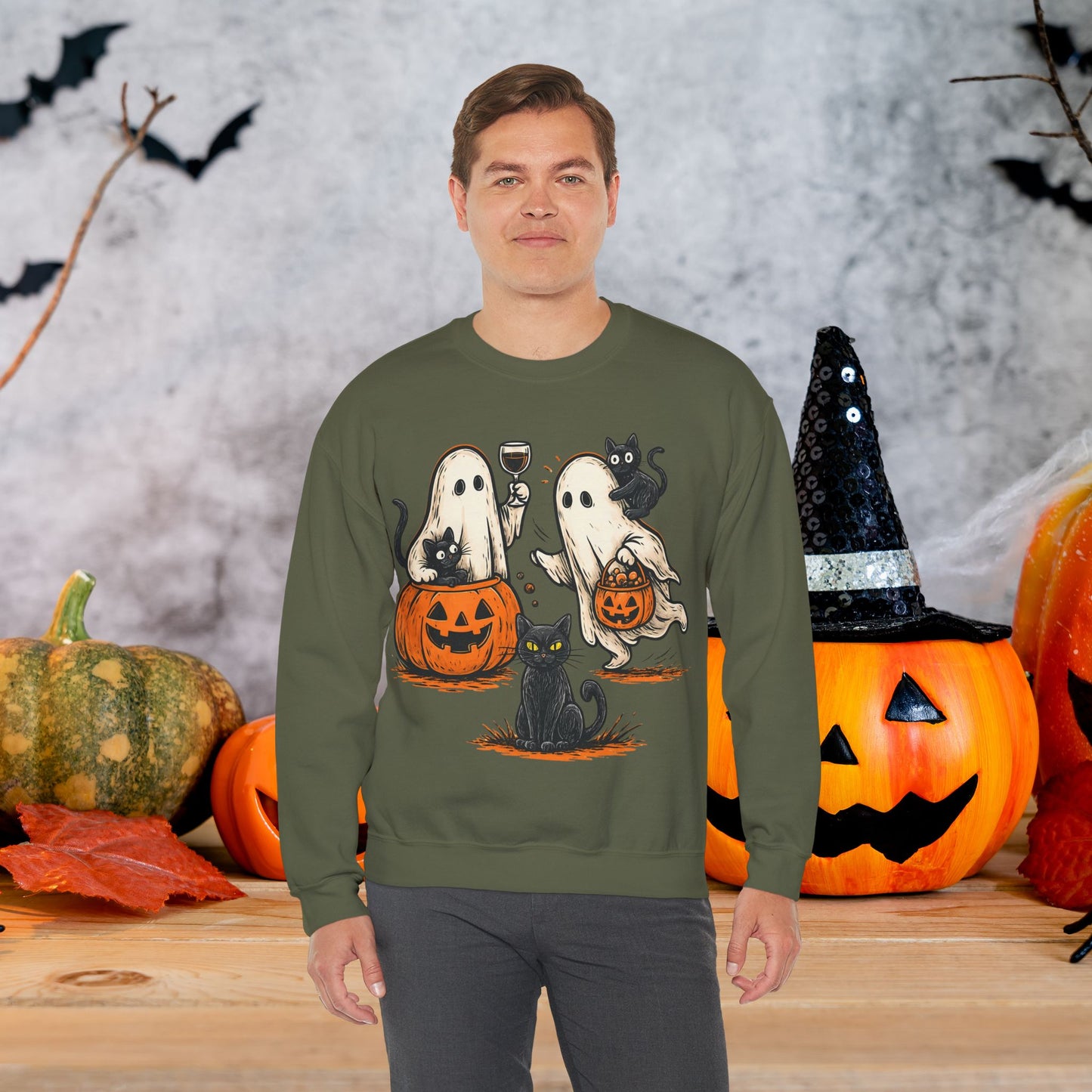 Halloween Ghosts & Cats Crewneck Sweatshirt, Cozy Halloween Sweatshirt, Spooky Season Apparel