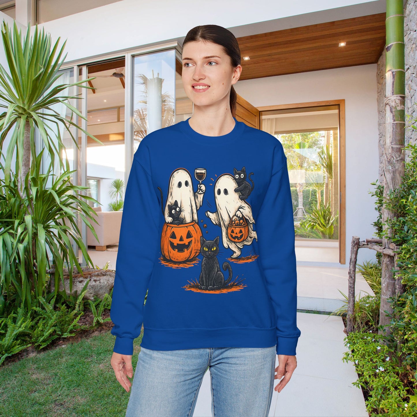 Halloween Ghosts & Cats Crewneck Sweatshirt, Cozy Halloween Sweatshirt, Spooky Season Apparel